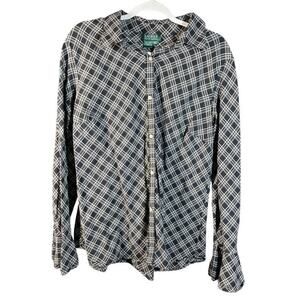 LRL Ralph Lauren Blouse 1X Black White Plaid Bell Cuff Long Sleeve Flared Top